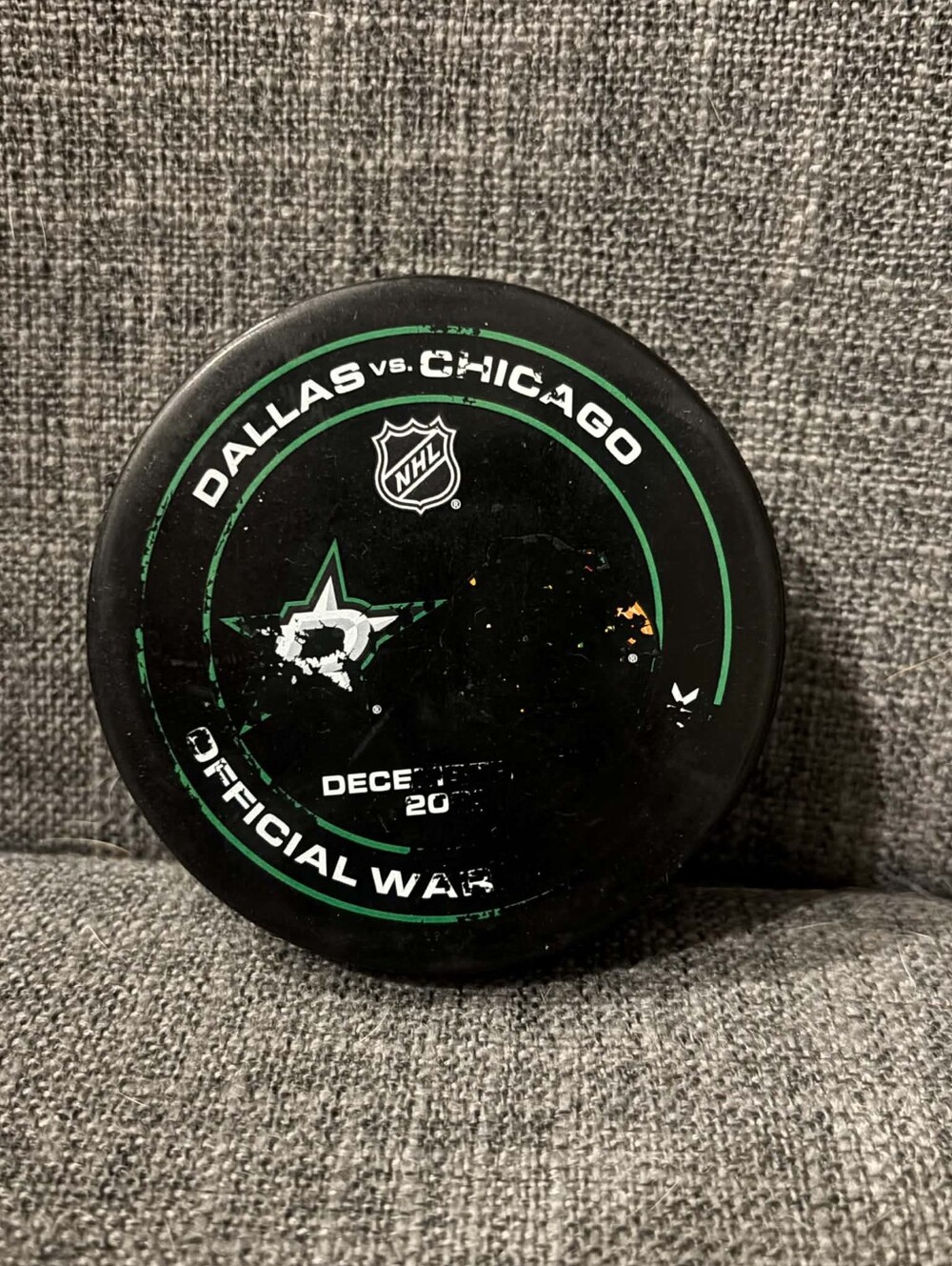 Game Used Dallas Stars vs Colorado Avalanche Official NHL Warm Up Puck 12/27/25